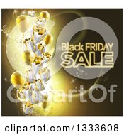 Clipart Of A Neon Black Friday Sale Text With 3d Party Balloons And Floating Gifts On Gold And Black Royalty Free Vector Illustration