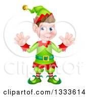 Poster, Art Print Of Welcoming Young Brunette White Male Christmas Elf Waving With Both Hands