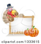 Happy Thanksgiving Pilgrim Turkey Bird Giving A Thumb Up Over A Blank White Board Sign With Pumpkins