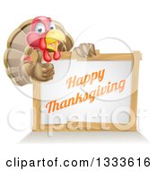 Poster, Art Print Of Happy Thanksgiving Turkey Bird Giving A Thumb Up Over A Greeting Board Sign