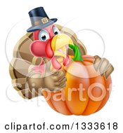 Pleased Thanksgiving Turkey Bird Wearing A Pilgrim Hat And Giving A Thumb Up Over A Pumpkin 2