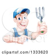 Poster, Art Print Of Middle Aged Brunette White Male Gardener In Blue Holding Up A Garden Fork And Pointing