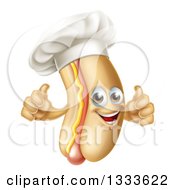 Cartoon Happy Chef Hot Dog Mascot With A Strip Of Mustard Giving Two Thumbs Up