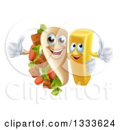 Cartoon Souvlaki Kebab Sandwich Mascot And French Fry Character Giving Thumbs Up