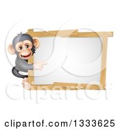 Poster, Art Print Of Cartoon Black And Tan Happy Baby Chimpanzee Monkey Pointing Around A Blank White Sign Framed In Wood