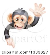 Poster, Art Print Of Cartoon Black And Tan Happy Baby Chimpanzee Monkey Waving And Pointing Down Over A Sign