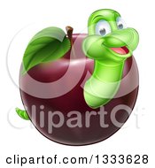 Happy Green Worm Emerging From A Red Apple