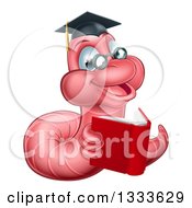 Clipart Of A Cartoon Happy Pink Graduate Book Worm Reading Royalty Free Vector Illustration by AtStockIllustration