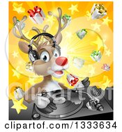 Poster, Art Print Of Happy Christmas Rudolph Reindeer Dj Wearing Headphones Over A Turntable And Star Burst Gift Explosion