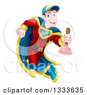 Poster, Art Print Of Cartoon Middle Aged Brunette White Male Plumber Super Hero Running With A Plunger