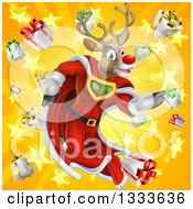 Clipart Of A Super Hero Rudolph Red Nosed Reindeer Running In A Cape Over A Star And Gift Burst Royalty Free Vector Illustration