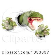 Poster, Art Print Of 3d Roaring Green Tyrannosaurus Rex Dinosaur Slashing Through Metal 2