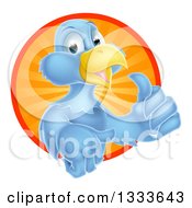 Poster, Art Print Of Pleased Blue Bird Character Giving A Thumb Up And Emerging From A Circle Of Sunshine 2
