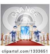 Poster, Art Print Of Welcoming Door Men At An Entry With A Red Carpet And Posts Under Change Text