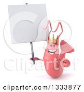Clipart Of A 3d Pink King Shrimp Holding A Blank Sign Royalty Free Illustration
