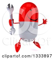 Clipart Of A 3d Happy Red And White Pill Character Facing Slightly Right Jumping And Holding A Wrench Royalty Free Illustration