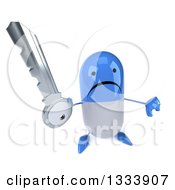 Clipart Of A 3d Unhappy Blue And White Pill Character Holding Up A Thumb Down And A Key Royalty Free Illustration
