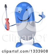 Clipart Of A 3d Happy Blue And White Pill Character Holding Up A Finger And A Screwdriver Royalty Free Illustration