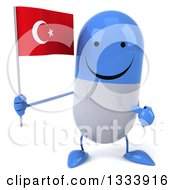 Clipart Of A 3d Happy Blue And White Pill Character Holding And Pointing To A Turkish Flag Royalty Free Illustration