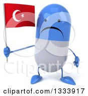 Clipart Of A 3d Unhappy Blue And White Pill Character Holding A Turkish Flag Royalty Free Illustration