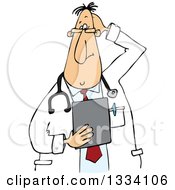 Cartoon Stumped Chubby White Male Veterinarian Or Doctor Holding A Clipboard
