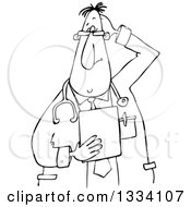 Lineart Clipart Of A Cartoon Black And White Stumped Chubby Male Veterinarian Or Doctor Holding A Clipboard Royalty Free Outline Vector Illustration