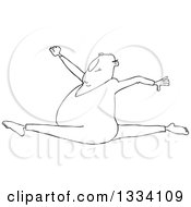 Lineart Clipart Of A Cartoon Black And White Chubby Man Leaping And Doing The Splits Royalty Free Outline Vector Illustration