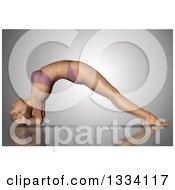 Poster, Art Print Of 3d Fit Caucasian Woman Stretching In A Yoga Pose Arched With Her Head On The Floor On Gray