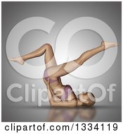 Poster, Art Print Of 3d Fit Caucasian Woman Stretching In A Yoga Pose Lifting Her Body And Stretching Her Legs Up In The Air On Gray