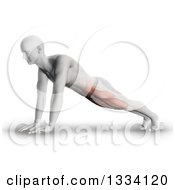 3d Anatomical Man Stretching In A Yoga Pose Or Doing Push Ups With Visible Leg And Ab Muscles On Shaded White