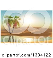 Poster, Art Print Of 3d Desert With Dunes Palm Trees And An Oasis At Sunset
