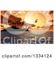 Poster, Art Print Of 3d Tropical Island With Palm Trees Silhoueted Against An Orange Ocean Sunset