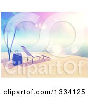 3d Vintage Style Tropical Island Beach With White Sand A Sun Lounger Chair Luggage Palm Trees And Sky Flares