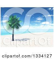 Poster, Art Print Of 3d Tropical Island Beach With White Sand A Palm Tree And Blue Water With Clouds In The Sky