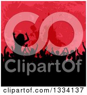 Clipart Of A Silhouetted Dancing And Cheering Concert Crowd Over Red Grungy Splatters Royalty Free Vector Illustration
