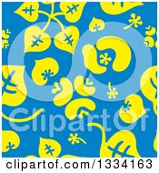 Clipart Of A Seamless Background Pattern Of Yellow Leaves And Flowers Over Blue Royalty Free Vector Illustration