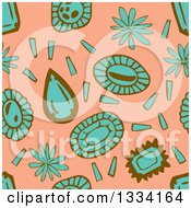 Poster, Art Print Of Seamless Background Pattern Of Turquoise And Brown Flowers And Gems Over Salmon Pink