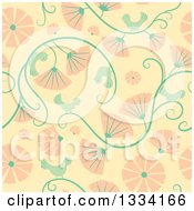 Poster, Art Print Of Seamless Background Pattern Of Retro Birds Vines And Pink Flowers