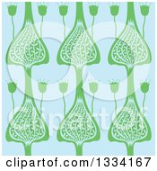 Poster, Art Print Of Seamless Background Pattern Of Green Flowers On Blue
