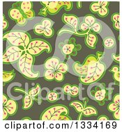 Poster, Art Print Of Seamless Background Pattern Of Retro Leaves And Flowers Over Green