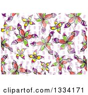 Poster, Art Print Of Seamless Background Pattern Of Doodled Flowers Over Purple On White