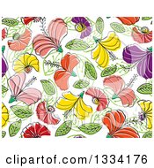 Poster, Art Print Of Seamless Background Pattern Of Doodled Flowers And Leaves