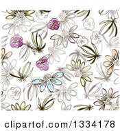 Poster, Art Print Of Seamless Background Pattern Of Doodled Flowers On White