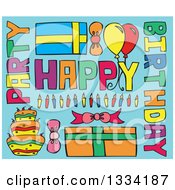 Poster, Art Print Of Cartoon Happy Birthday Greeting Text Candles Gifts Balloons And Cake On Blue