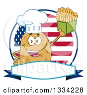 Cartoon Chef Russet Potato Character Holding Up French Fries Over An American Flag Logo