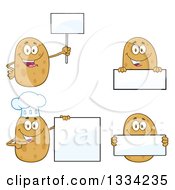 Clipart Of Cartoon Russet Potato Characters Holding Blank Signs Royalty Free Vector Illustration