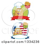 Poster, Art Print Of Cartoon Chef Russet Potato Characters Holding French Fries On Logos