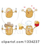 Poster, Art Print Of Cartoon Chef Cowboy And Plain Russet Potato Characters With Silverware Hearts Beer And French Fries