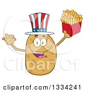 Cartoon American Russet Potato Character Wearing A Hat Gesturing Ok And Holding Up French Fries