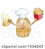 Cartoon Chef Russet Potato Character Holding Up A Beer And French Fries